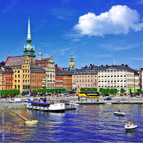 Stampa su Tela Stockholm, view with canal and old town
