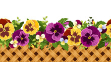 Horizontal Seamless Background With Pansy Flowers And Wicker. 