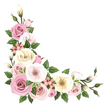 Roses And Lisianthus Flowers. Vector Corner Background.
