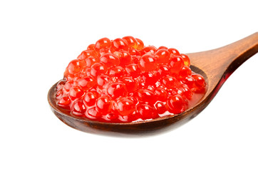 Wall Mural - Red salted caviar with wooden spoon on white background