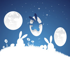 Wall Mural - Easter bunny abstract moon egg blue background