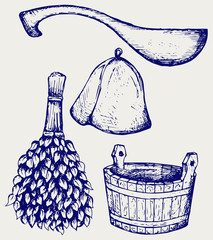 Poster - Sauna ready accessories - broom, bucket, hat and scoop