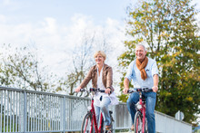 Senioren Paar Mit Fahrrädern Auf Brücke