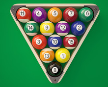 Billiard Balls In Triangle On Green Billiard Table
