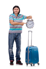 Young man with suitcase isolated on white