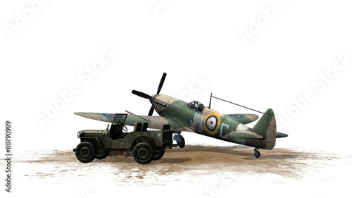 Cuadros en Lienzo Spitfire Airplane and Jeep - isolated on white background