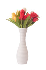 Wall Mural - Vase with colourful tulips on white