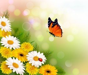 Aufkleber - Spring background. Flowers and a butterfly. Vector.