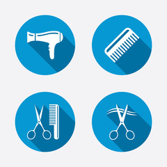 Poster - Hairdresser icons. Scissors cut hair symbol.
