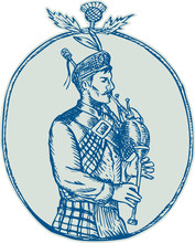 Scotsman Bagpiper Playing Bagpipes Etching