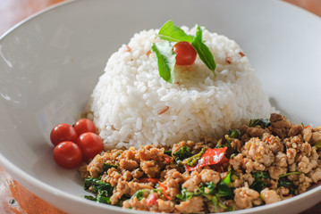 Wall Mural - Rice Topped With Stir-fried Pork And Basil