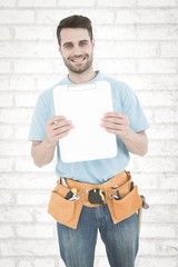 Poster - Construction worker showing blank paper on clipboard