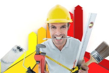 Poster - Composite image of happy worker with various equipment