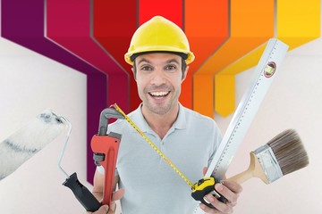 Poster - Happy worker holding various equipment