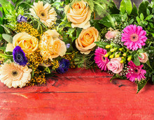 Summer Flowers On Red Wooden Background
