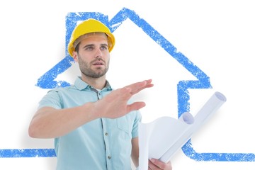 Poster - Architect with blueprint gesturing on white background