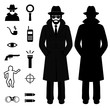 vector spy icon, detective cartoon man, crime