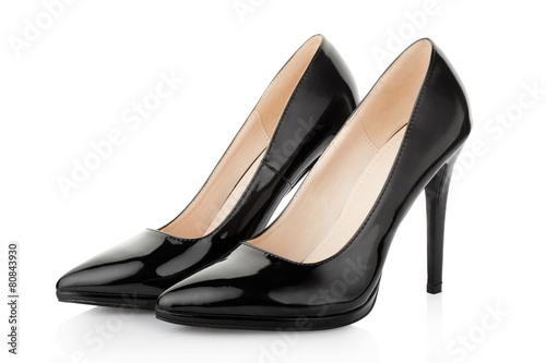 Fotografia Black high heel shoes for woman on white, clipping path