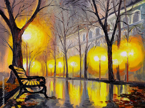 Naklejka - mata magnetyczna na lodówkę Oil painting of autumn street, art work