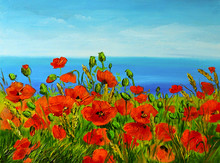 Poppy Field Near The Sea, Colorful Coast, Art Oil Painting
