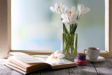 Poster - White crocus with open book on windowsill background