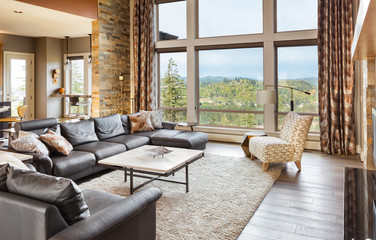 Beautiful living room with hardwood floors and amazing view