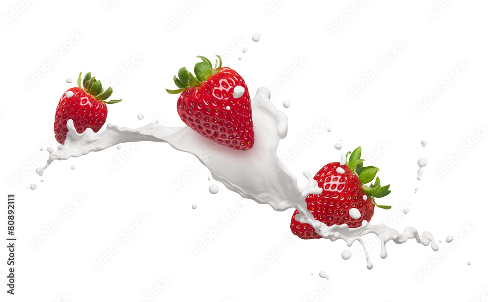 strawberries with milk splash - obrazy, fototapety, plakaty 