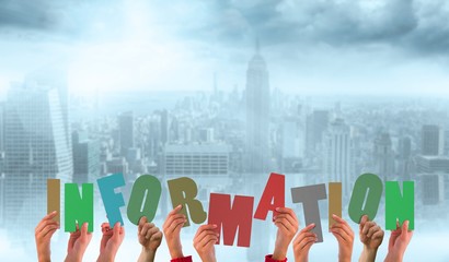 Poster - Composite image of hands holding up information