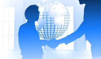 Poster - Composite image of young businessmen shaking hands in office