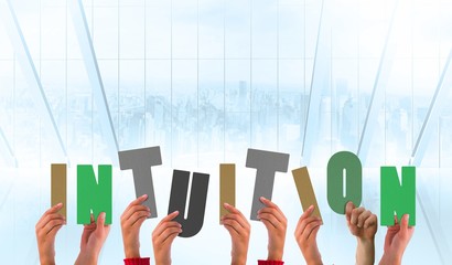 Poster - Composite image of hands holding up intuition