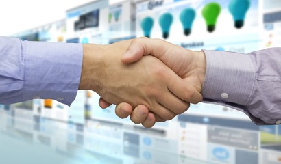 Poster - Composite image of hand shake in front of wires