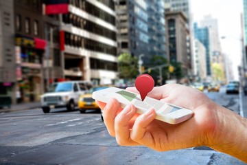 Aufkleber - Composite image of man using map app on phone