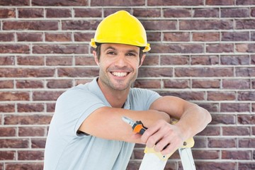 Poster - Technician holding pliers while leaning on ladder