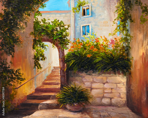 Naklejka dekoracyjna oil painting, summer street, blooming flowers.Colorful abstract