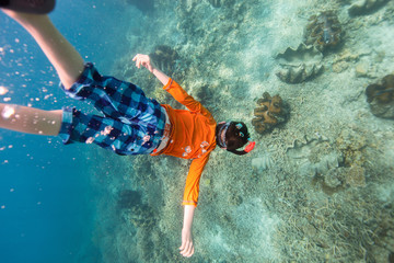 Wall Mural - Boy swimming underwater