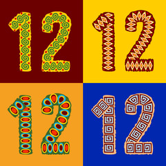 Vector set of ethnic font with african ornament. Numbers 1 2