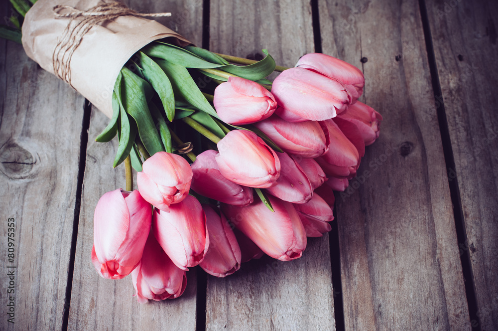 fresh spring pink tulips - obrazy, fototapety, plakaty 