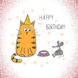 Birthday greeting card with doodle cat and mouse.