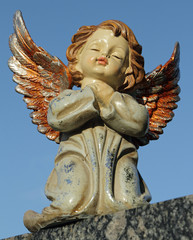 Wall Mural - angelic sweet figurine with colorful wings isolated on sky