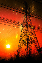 High Voltage Pole With Sunset In Front Of The Galaxy