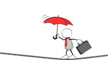 Little Sketchy Man With Tie And Umbrella Balancing On Rope