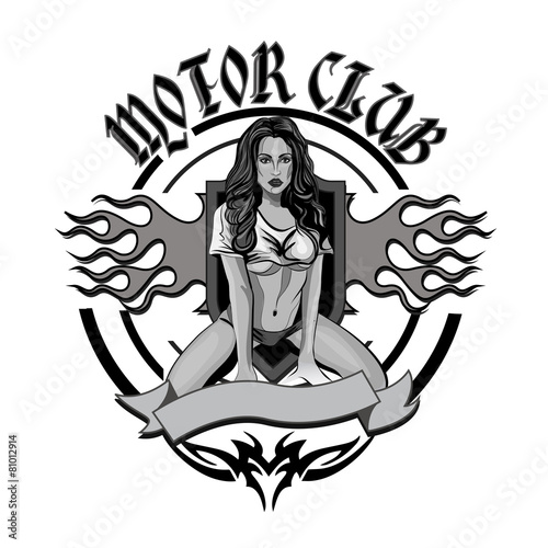 Fototapeta do kuchni Vintage motorcycle garage motor club emblem with sexy girl