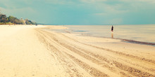 Empty Jurmala Beach With Lonely Girl Figure - Retro Filter.