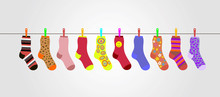 Vector Colorful Socks On Gray Background Are Hanging On Rope