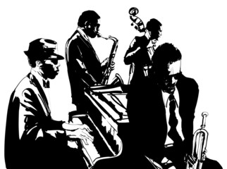 Wall Mural - Jazz poster with saxophone, double-bass, piano and trumpet