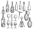 Set of wine bottles, glasses and corkscrews