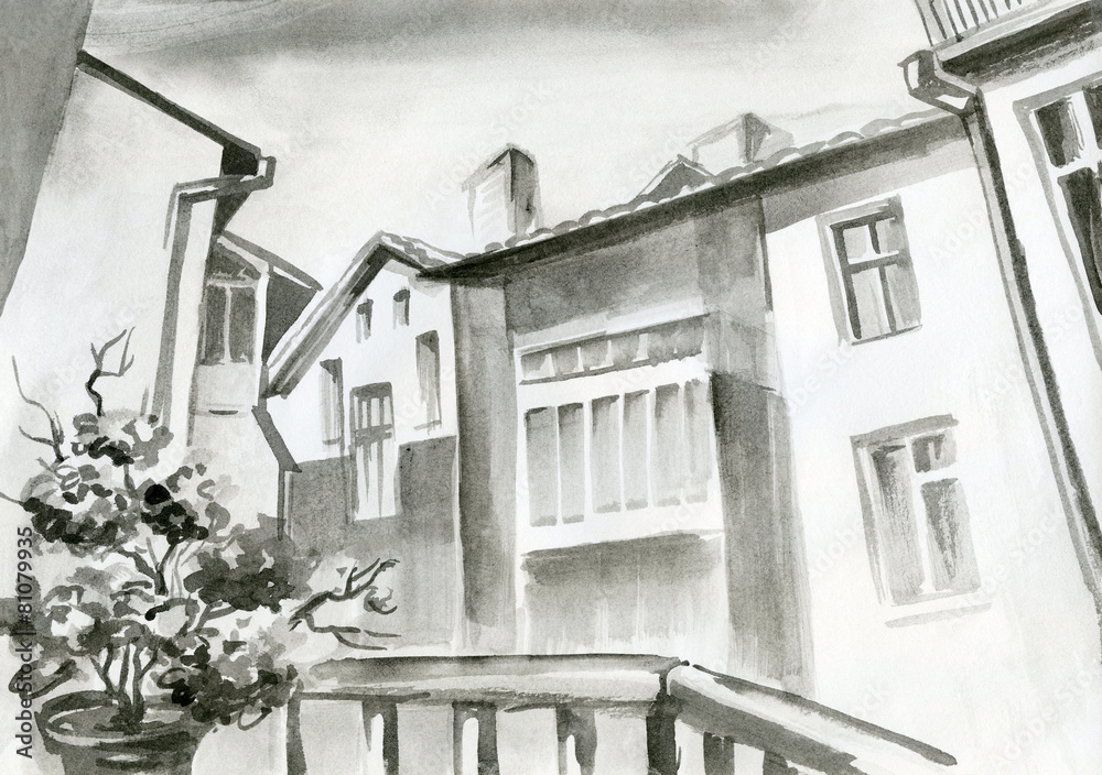 akwarela-penciling-olowek-widok-z-okna
