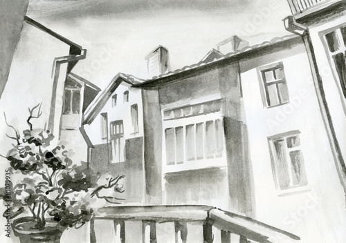 Naklejka na drzwi watercolor painting, penciling, pencil - view from the window