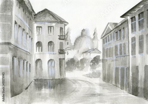 Naklejka na szybę watercolor painting - view on a beautiful building, cozy street