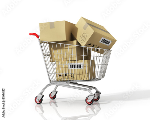 Fotografía Shopping cart with boxes on white isolated background.